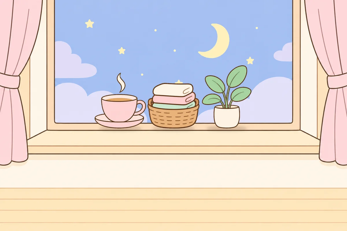 용산 여성전용 부종 케어 안내 그림, 밤 창가 창턱 위의 찻잔, 수건 바구니, 화분