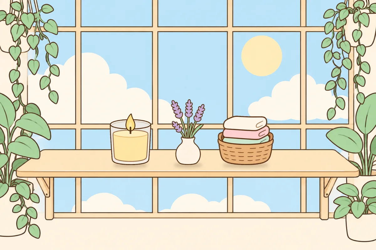 용산 여성전용 슬리밍 마사지 안내 그림, 햇살 드는 창가 선반 위의 향초, 라벤더 꽃병, 수건 바구니