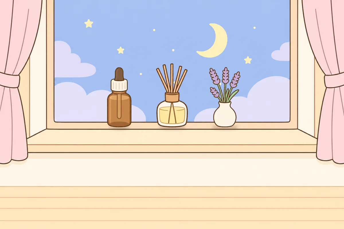 용산 여성전용 디톡스 마사지 안내 그림, 밤 창가 창턱 위의 오일병, 디퓨저, 라벤더 꽃병