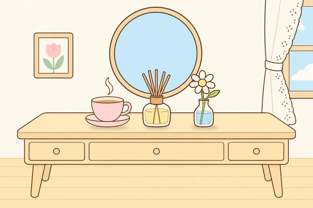 용산 여성전용 종아리 케어 안내 그림, 화장대 위의 찻잔, 디퓨저, 데이지 꽃병