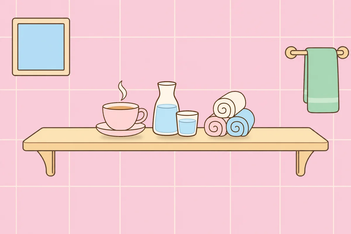 용산 여성전용 등 마사지 안내 그림, 파우더룸 선반 위의 찻잔, 물병, 수건