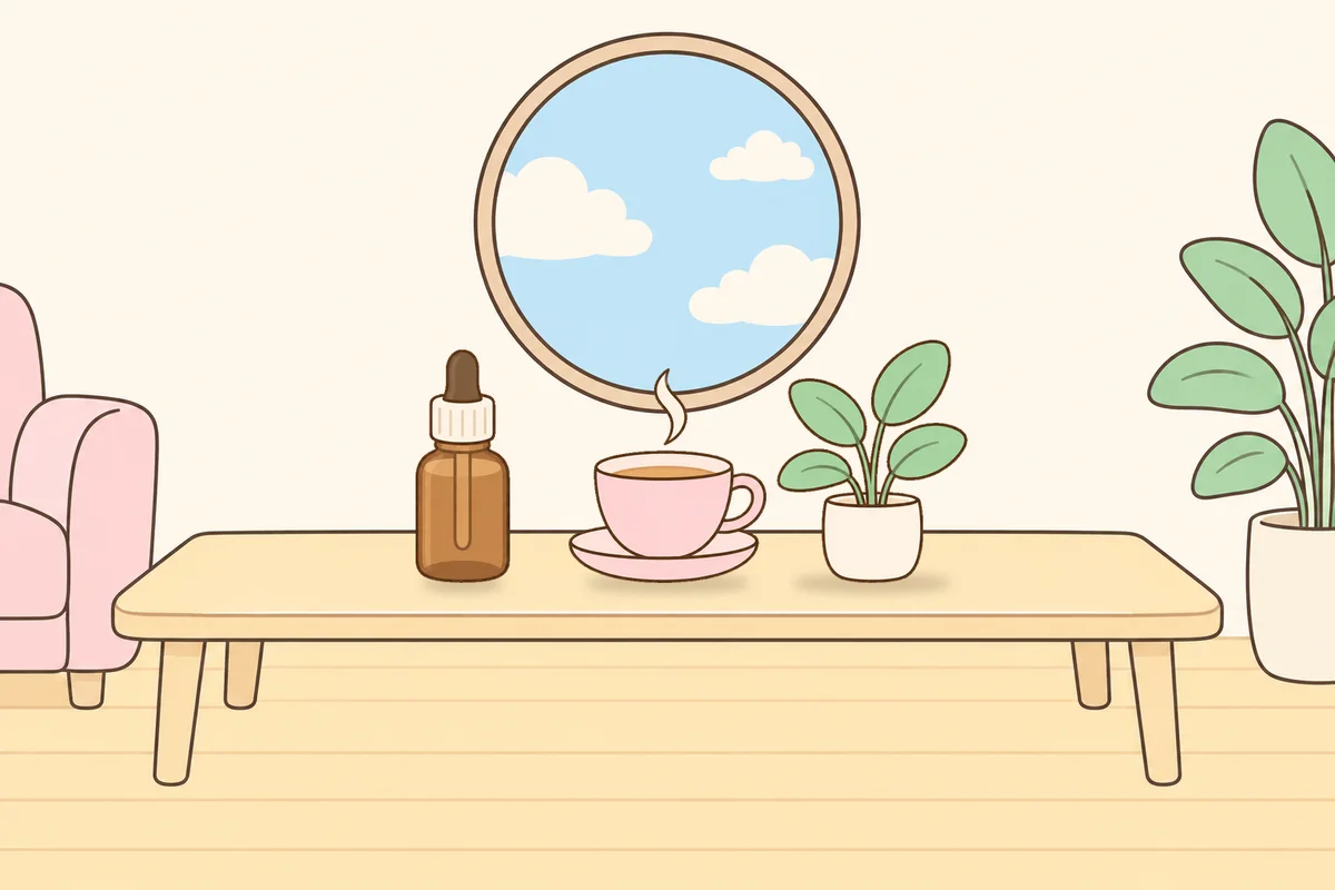 용산 여성전용 두피 마사지 안내 그림, 거실 원목 테이블 위의 오일병, 찻잔, 화분