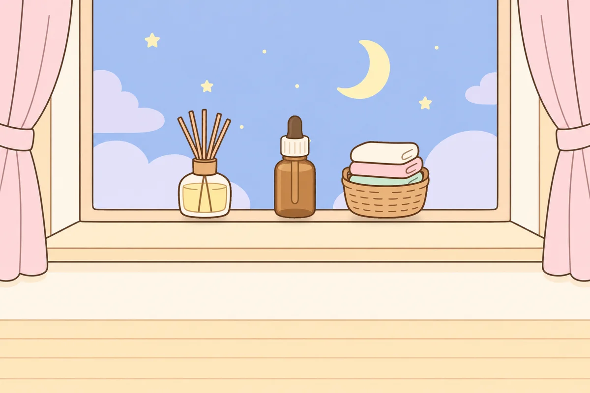 용산 여성전용 목 어깨 케어 안내 그림, 밤 창가 창턱 위의 디퓨저, 오일병, 수건 바구니