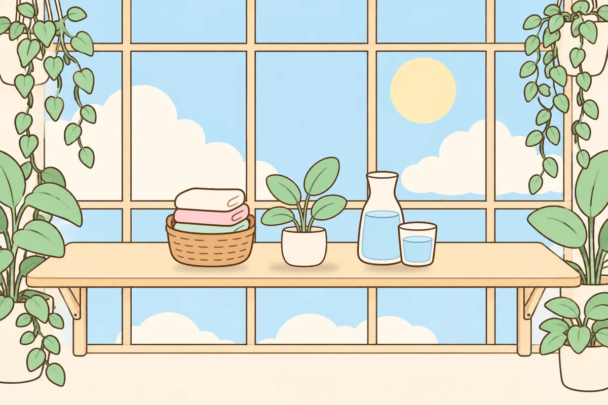 용산 여성전용 수면 케어 안내 그림, 햇살 드는 창가 선반 위의 수건 바구니, 화분, 물병