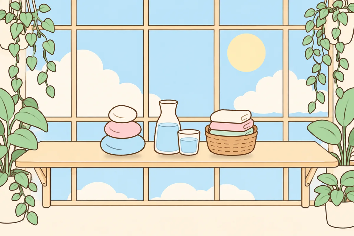 용산 여성전용 림프 페이셜 안내 그림, 햇살 드는 창가 선반 위의 조약돌, 물병, 수건 바구니