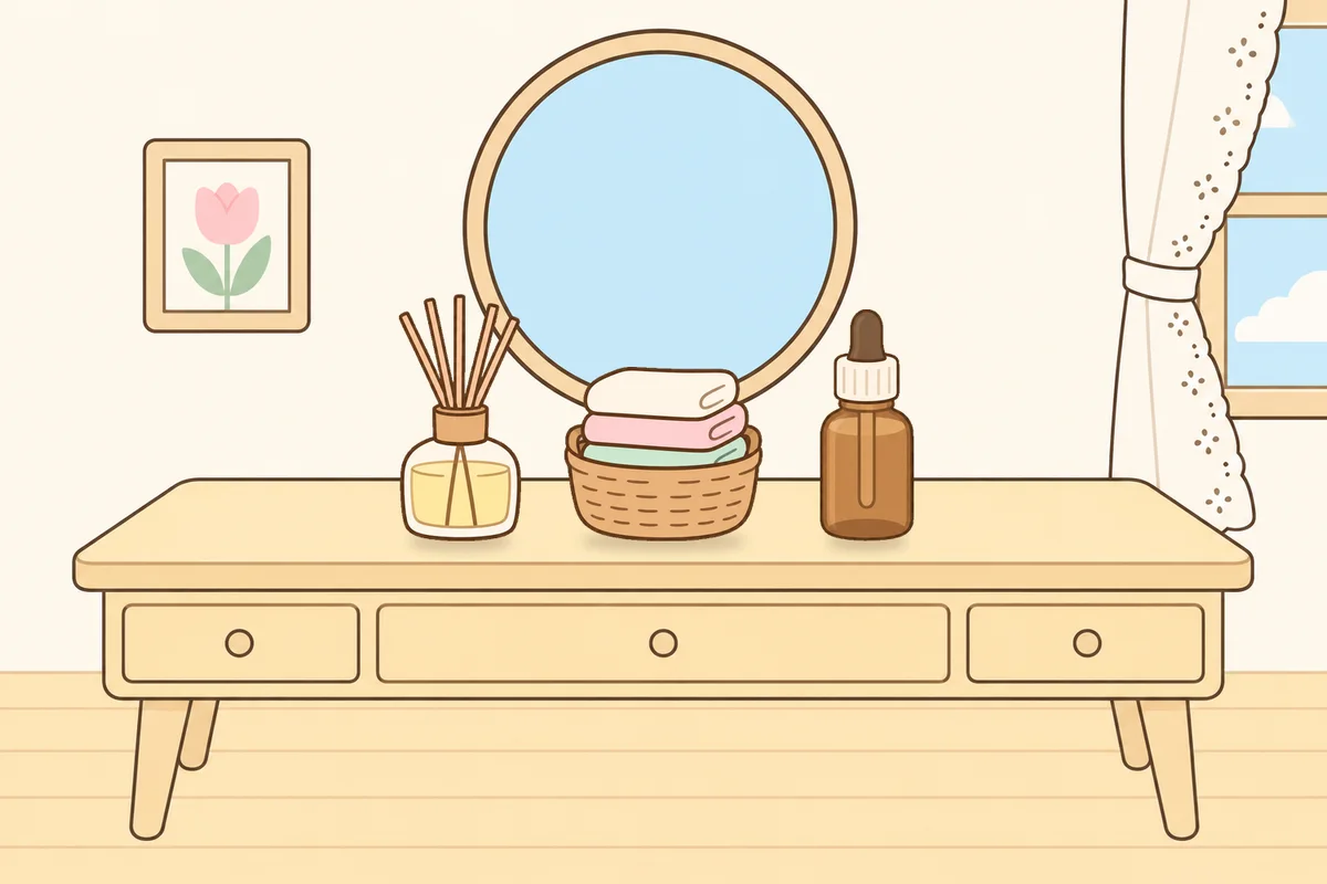 성동구 여성전용 아로마 가격 안내 그림, 화장대 위의 디퓨저, 수건 바구니, 오일병