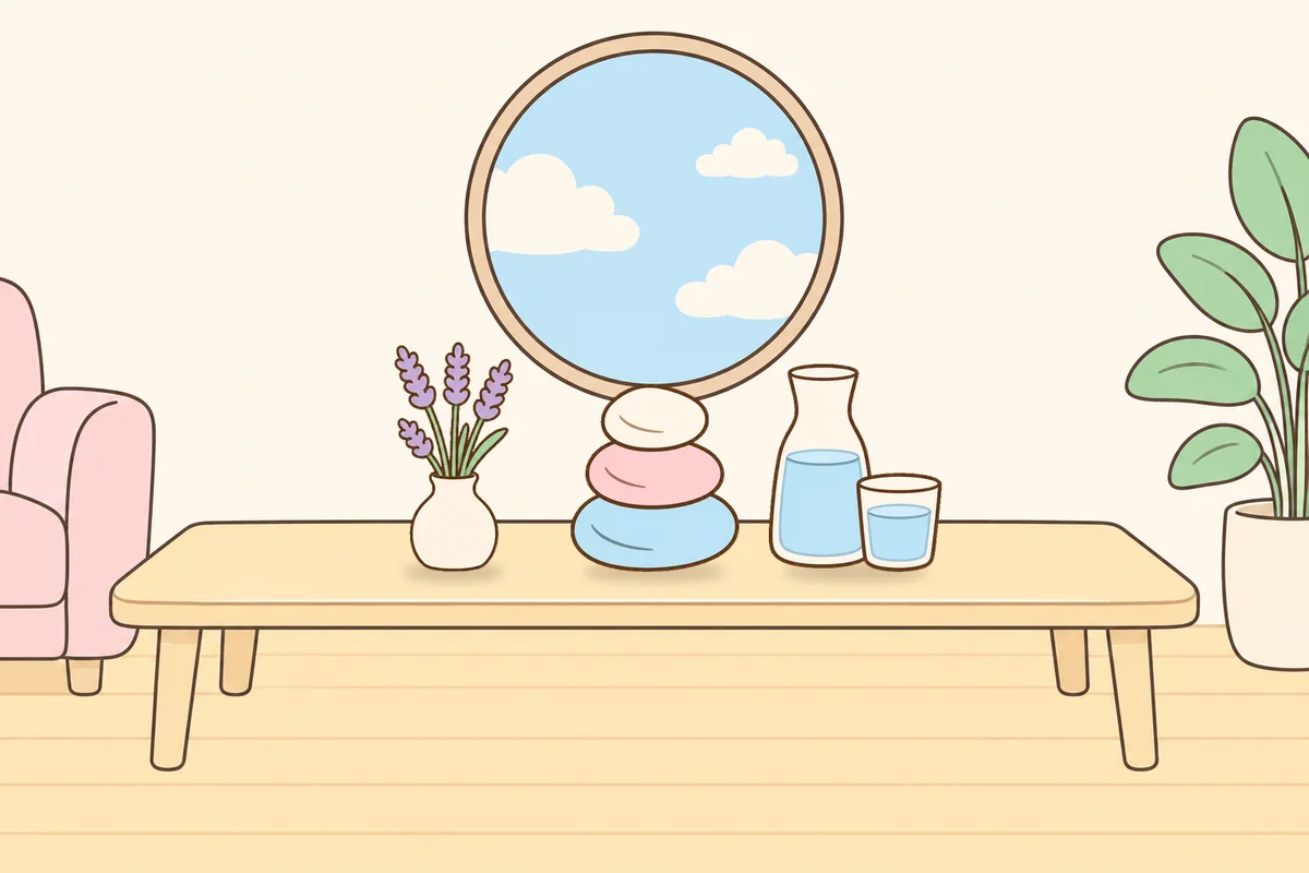 성동구 여성전용 방문 홈케어 안내 그림, 거실 원목 테이블 위의 라벤더 꽃병, 조약돌, 물병