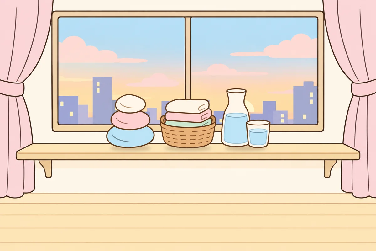 성동구 여성전용 슬리밍 마사지 안내 그림, 호텔 창가 선반 위의 조약돌, 수건 바구니, 물병