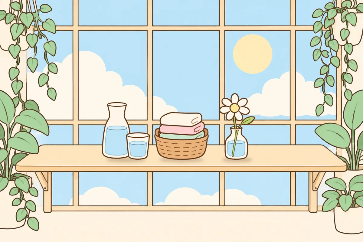 성동구 여성전용 브라이덜 케어 안내 그림, 햇살 드는 창가 선반 위의 물병, 수건 바구니, 데이지 꽃병