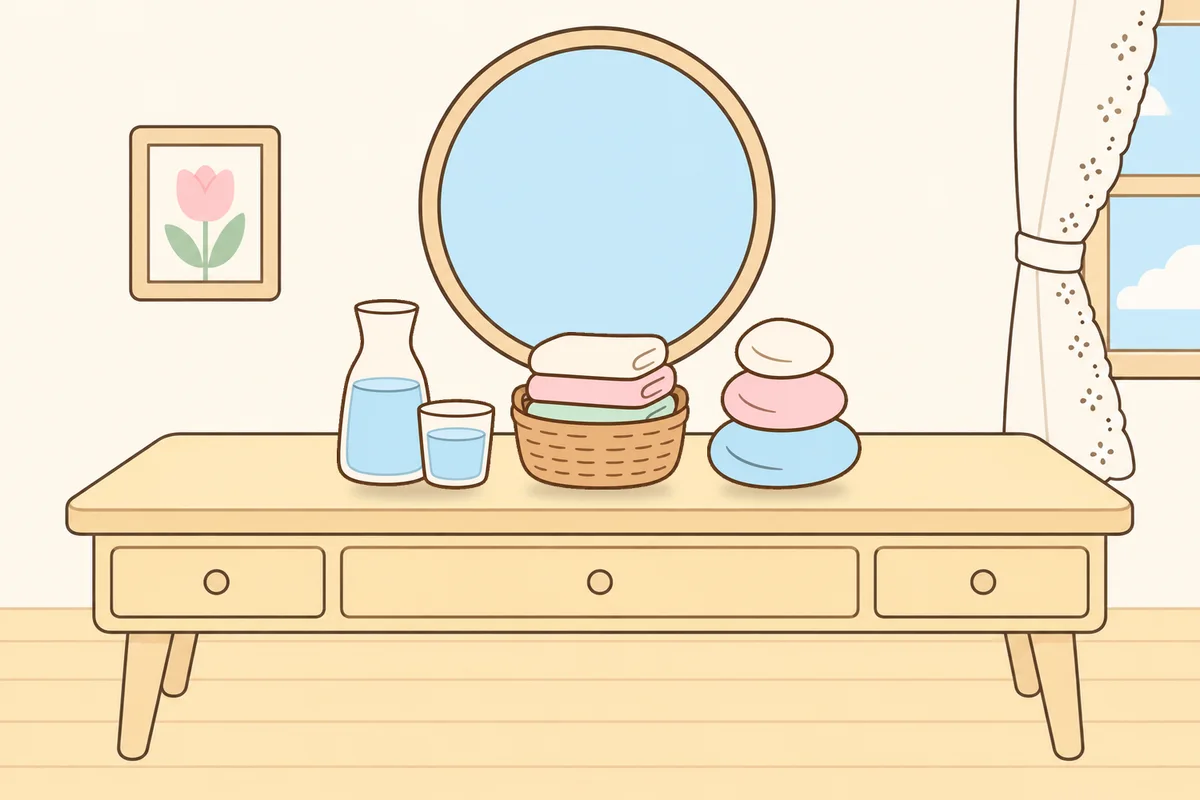 광진구 여성전용 아로마테라피 안내 그림, 화장대 위의 물병, 수건 바구니, 조약돌