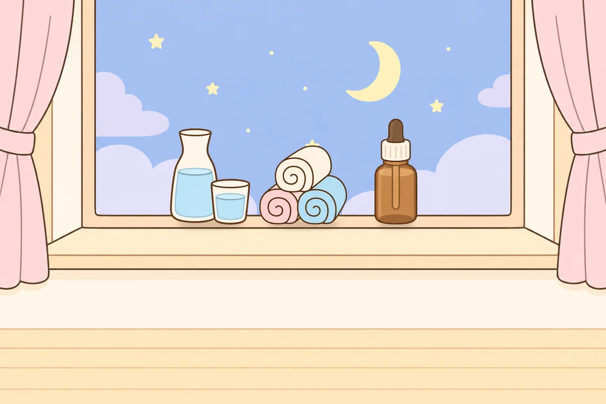 광진구 여성전용 경락 마사지 안내 그림, 밤 창가 창턱 위의 물병, 수건, 오일병