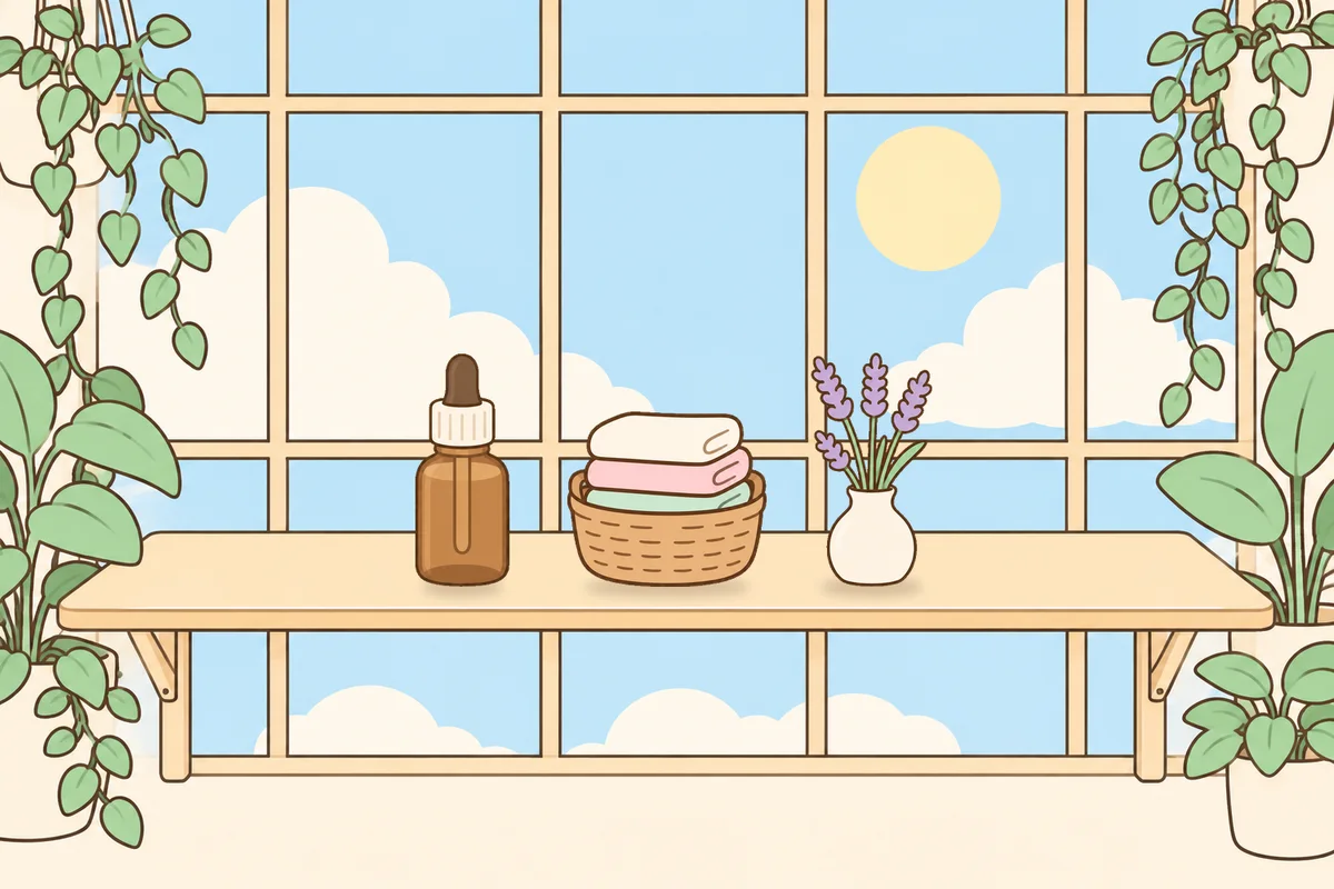 광진구 여성전용 경락 가격 안내 그림, 햇살 드는 창가 선반 위의 오일병, 수건 바구니, 라벤더 꽃병