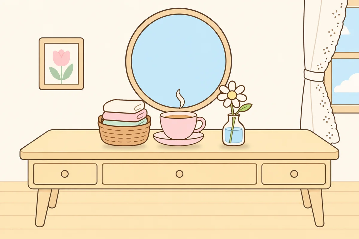 광진구 여성전용 발관리 안내 그림, 화장대 위의 수건 바구니, 찻잔, 데이지 꽃병