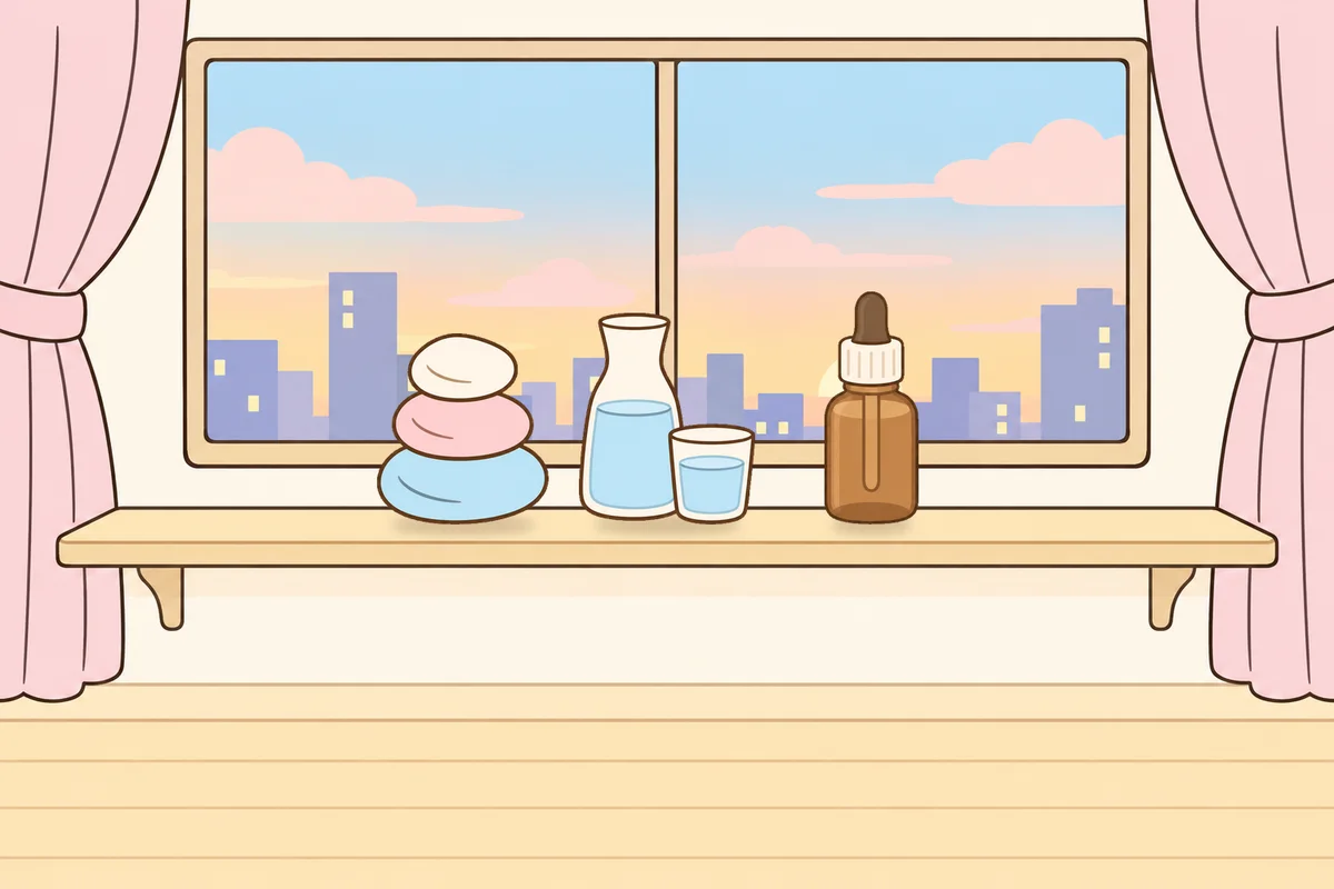 광진구 여성전용 발 부종 케어 안내 그림, 호텔 창가 선반 위의 조약돌, 물병, 오일병