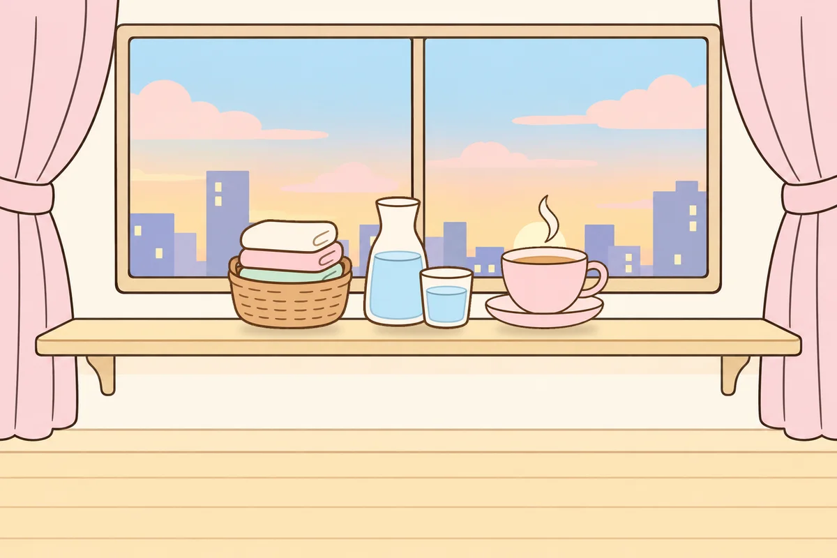 광진구 여성전용 발관리 후기 안내 그림, 호텔 창가 선반 위의 수건 바구니, 물병, 찻잔
