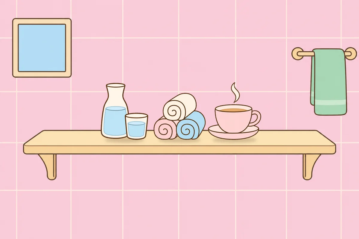 광진구 여성전용 복부 마사지 안내 그림, 파우더룸 선반 위의 물병, 수건, 찻잔