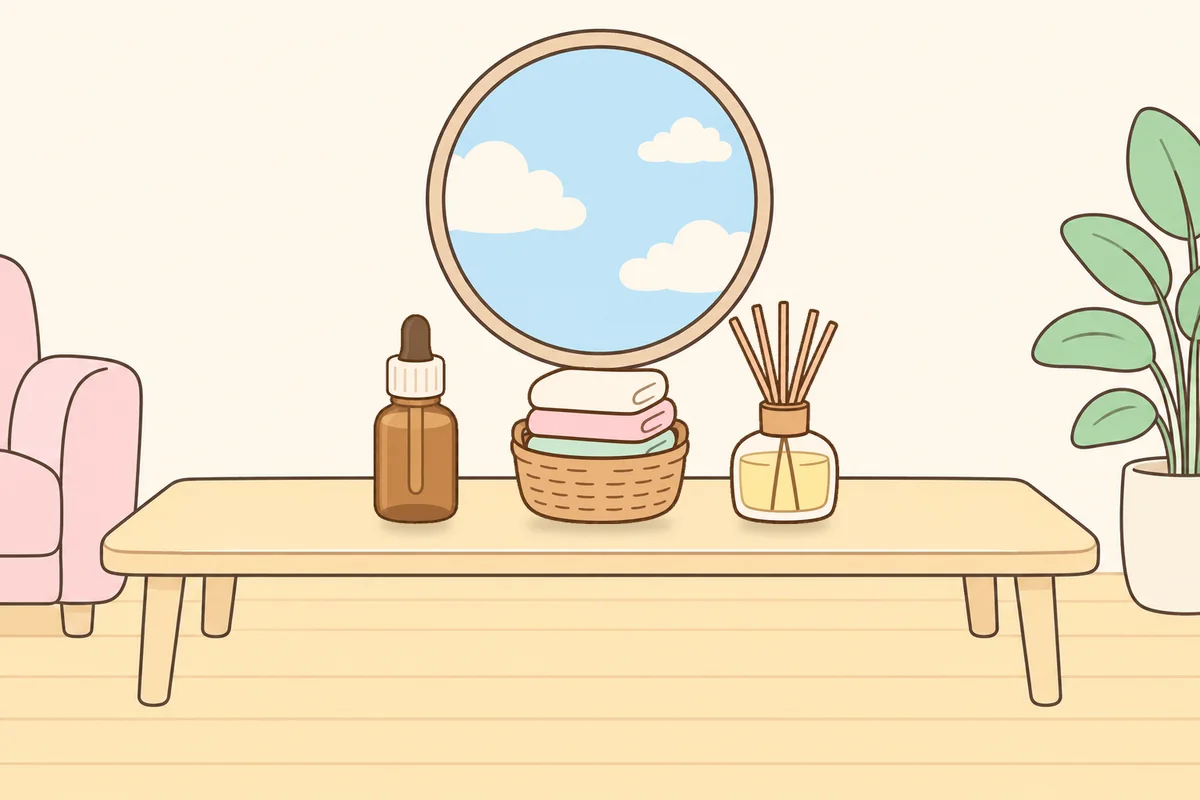 광진구 여성전용 어깨 마사지 안내 그림, 거실 원목 테이블 위의 오일병, 수건 바구니, 디퓨저