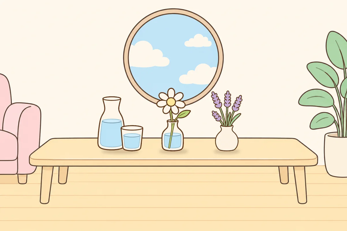 광진구 여성전용 피로 회복 마사지 안내 그림, 거실 원목 테이블 위의 물병, 데이지 꽃병, 라벤더 꽃병