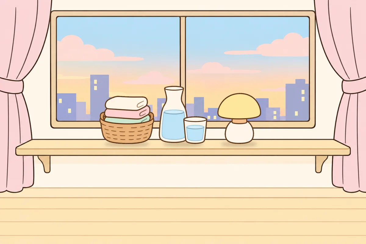 광진구 여성전용 얼굴 마사지 안내 그림, 호텔 창가 선반 위의 수건 바구니, 물병, 무드등