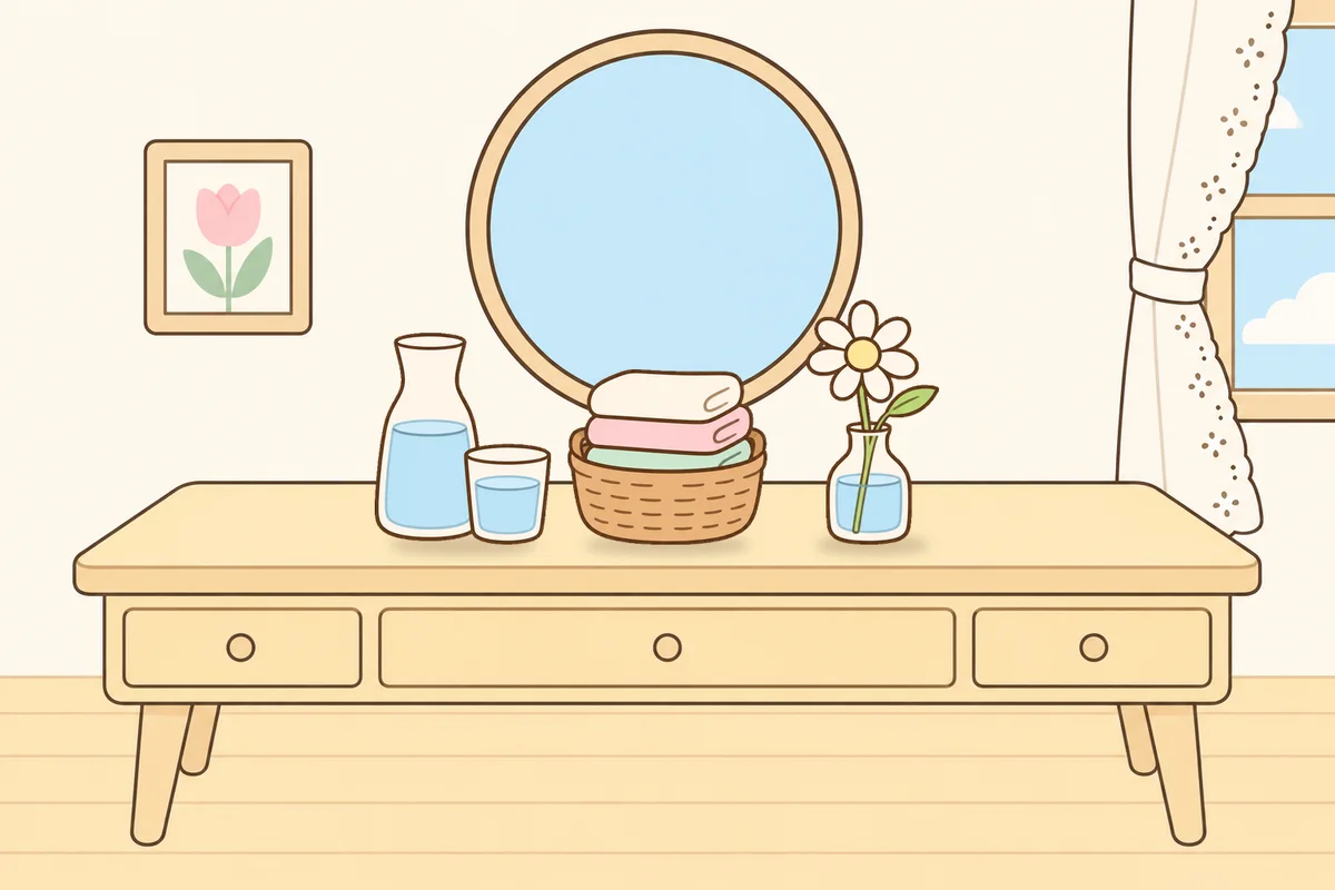 동작구 여성전용 발 케어 안내 그림, 화장대 위의 물병, 수건 바구니, 데이지 꽃병