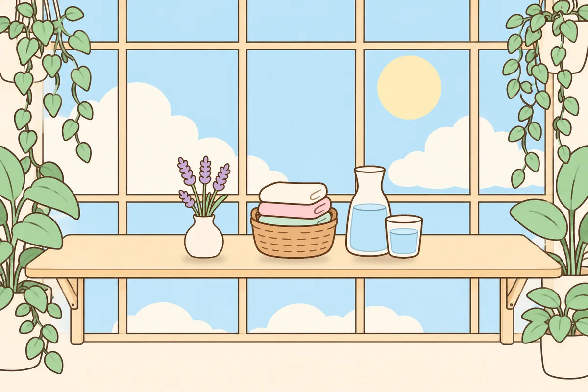 동작구 여성전용 등 마사지 안내 그림, 햇살 드는 창가 선반 위의 라벤더 꽃병, 수건 바구니, 물병