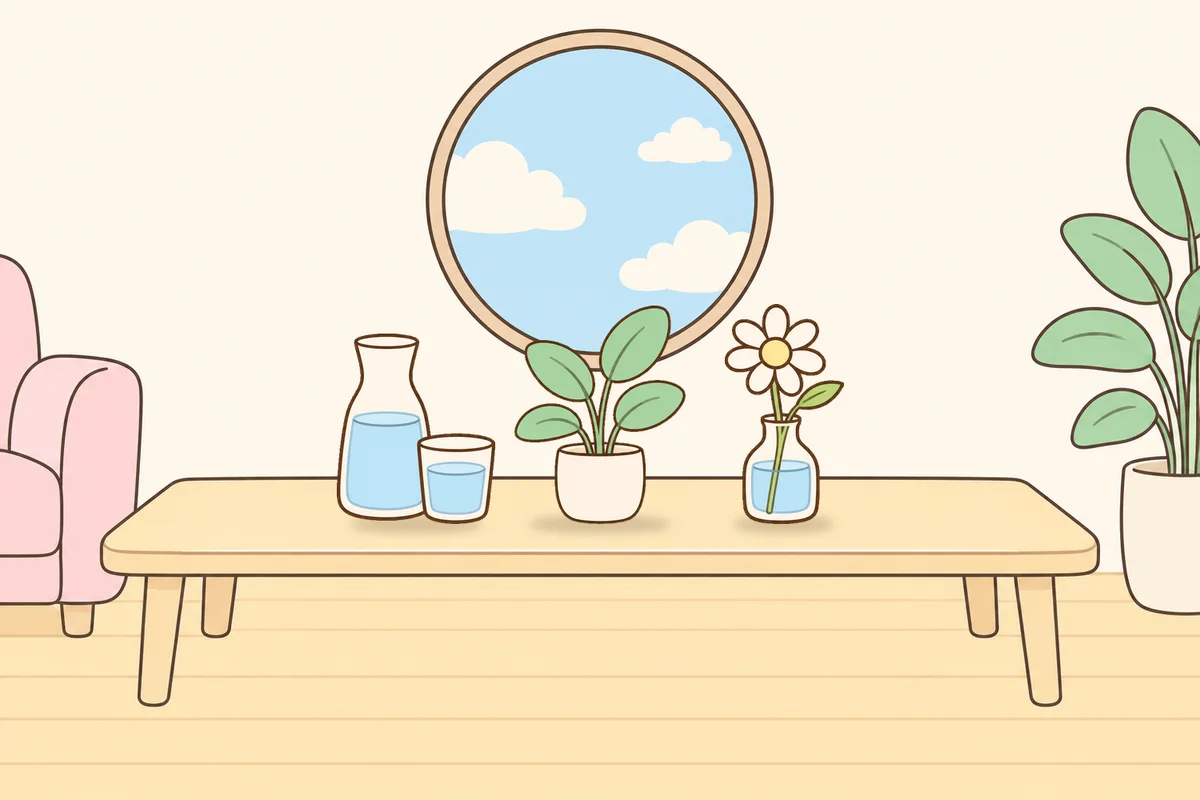 동작구 여성전용 어깨 마사지 안내 그림, 거실 원목 테이블 위의 물병, 화분, 데이지 꽃병