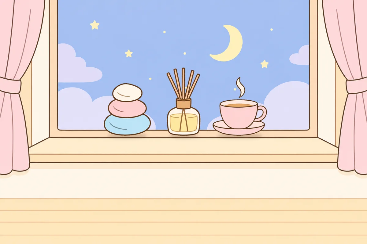 동작구 여성전용 두통 완화 마사지 안내 그림, 밤 창가 창턱 위의 조약돌, 디퓨저, 찻잔