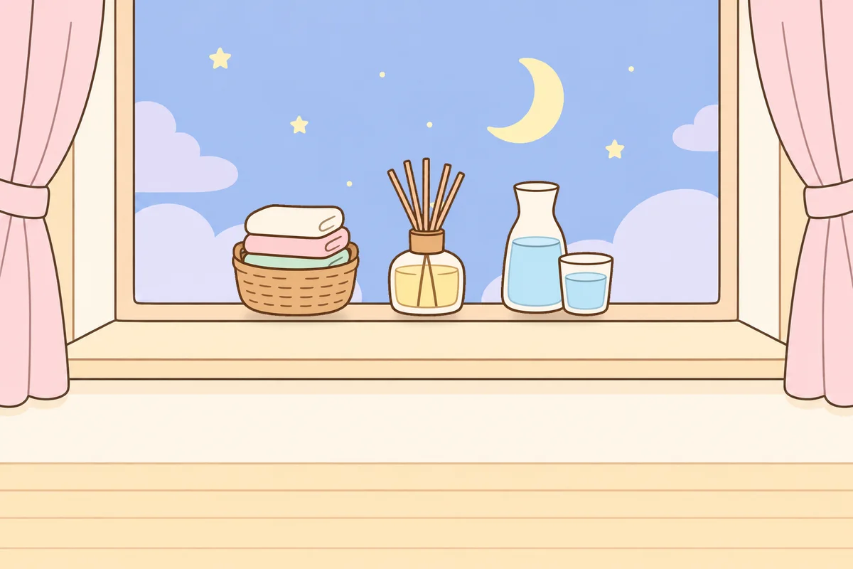 동작구 여성전용 림프 페이셜 안내 그림, 밤 창가 창턱 위의 수건 바구니, 디퓨저, 물병
