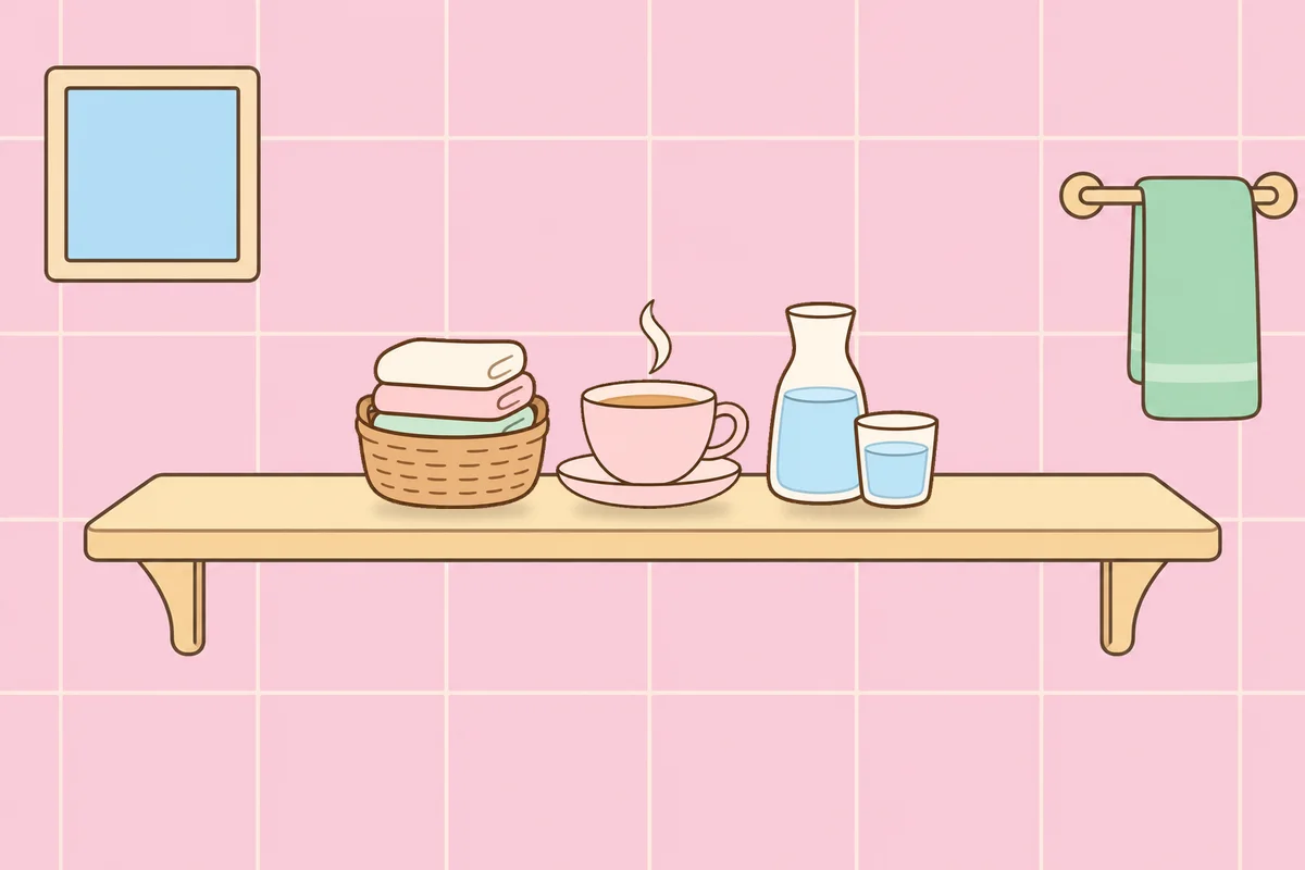 동작구 여성전용 마사지 가격 안내 그림, 파우더룸 선반 위의 수건 바구니, 찻잔, 물병