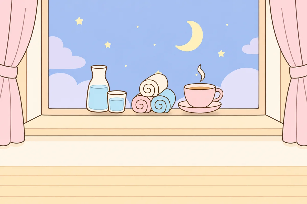 관악구 여성전용 아로마테라피 안내 그림, 밤 창가 창턱 위의 물병, 수건, 찻잔