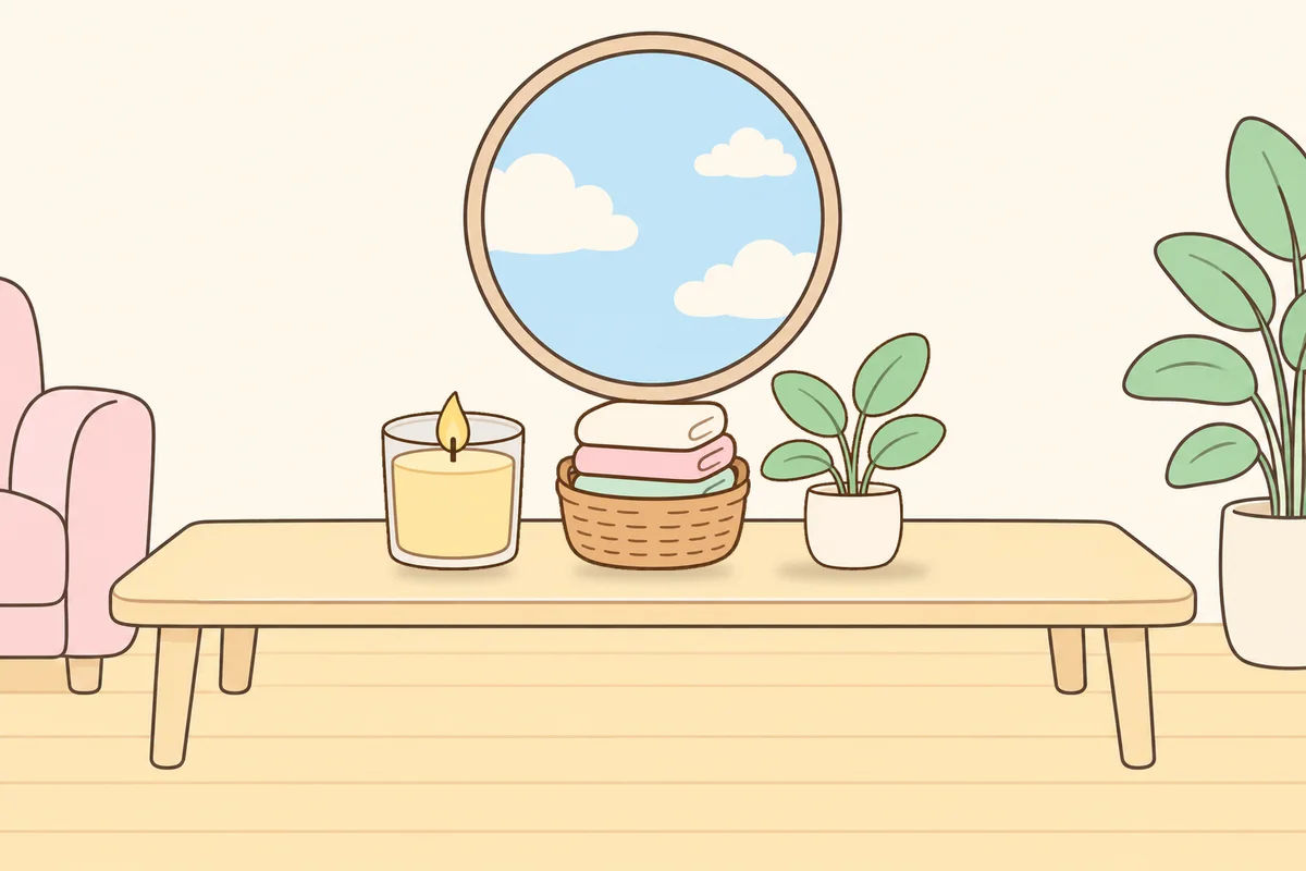 관악구 여성전용 스웨디시 가격 안내 그림, 거실 원목 테이블 위의 향초, 수건 바구니, 화분