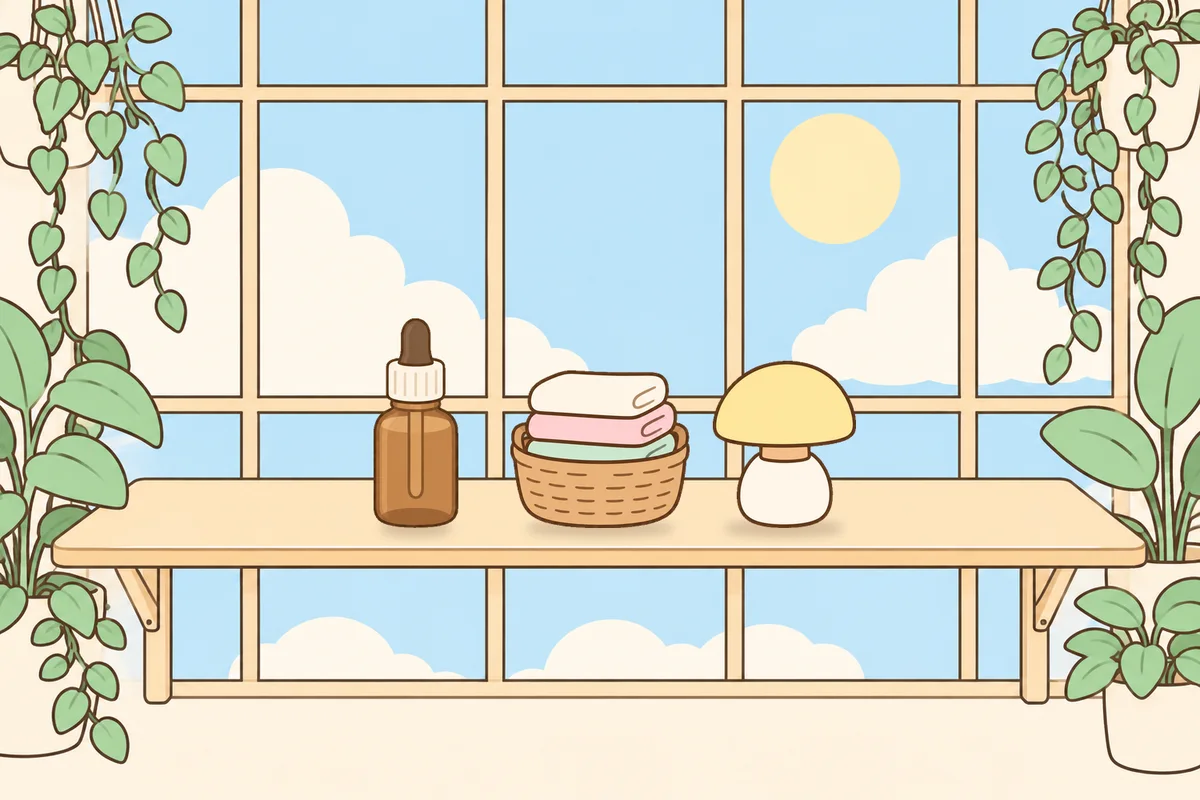 관악구 여성전용 경락 케어 안내 그림, 햇살 드는 창가 선반 위의 오일병, 수건 바구니, 무드등