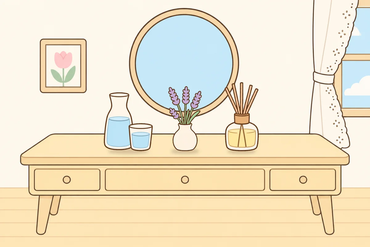 관악구 여성전용 바디 경락 안내 그림, 화장대 위의 물병, 라벤더 꽃병, 디퓨저