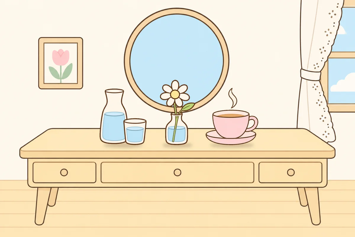 관악구 여성전용 경락 가격 안내 그림, 화장대 위의 물병, 데이지 꽃병, 찻잔