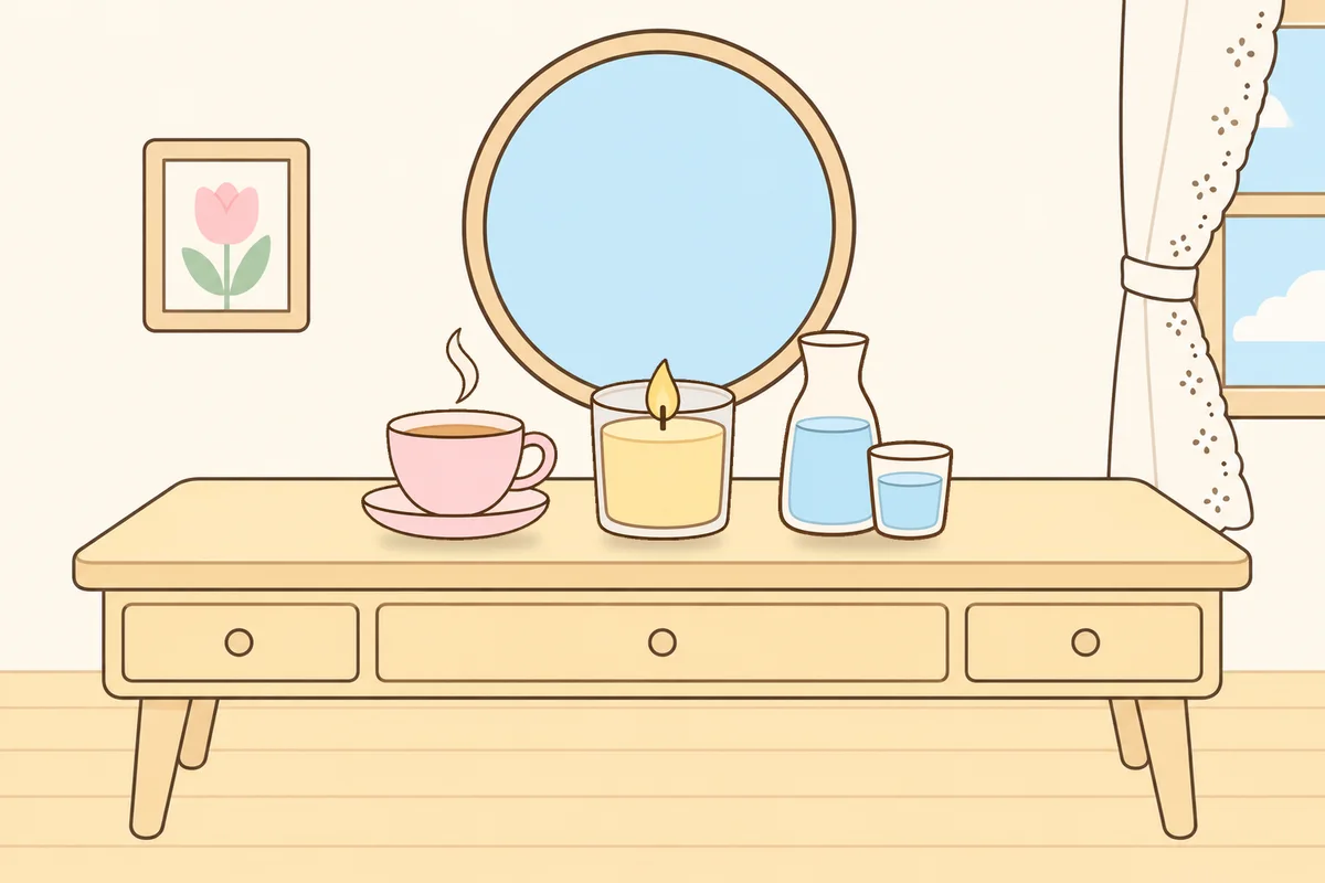 관악구 여성전용 홈케어 안내 그림, 화장대 위의 찻잔, 향초, 물병