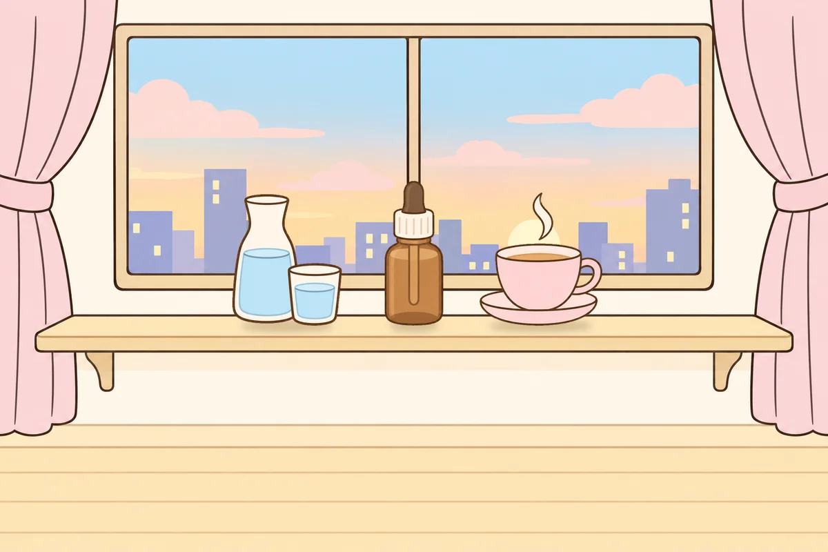 관악구 여성전용 발 부종 케어 안내 그림, 호텔 창가 선반 위의 물병, 오일병, 찻잔