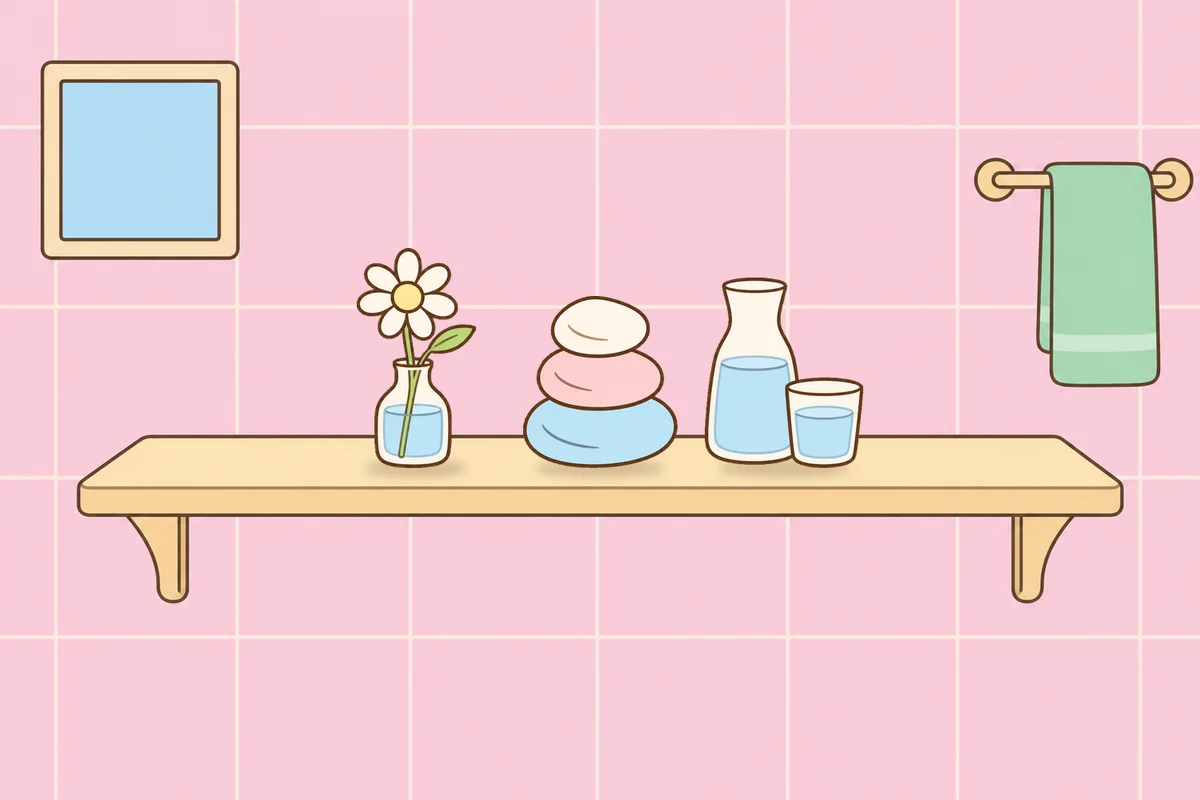 관악구 여성전용 림프 마사지 안내 그림, 파우더룸 선반 위의 데이지 꽃병, 조약돌, 물병
