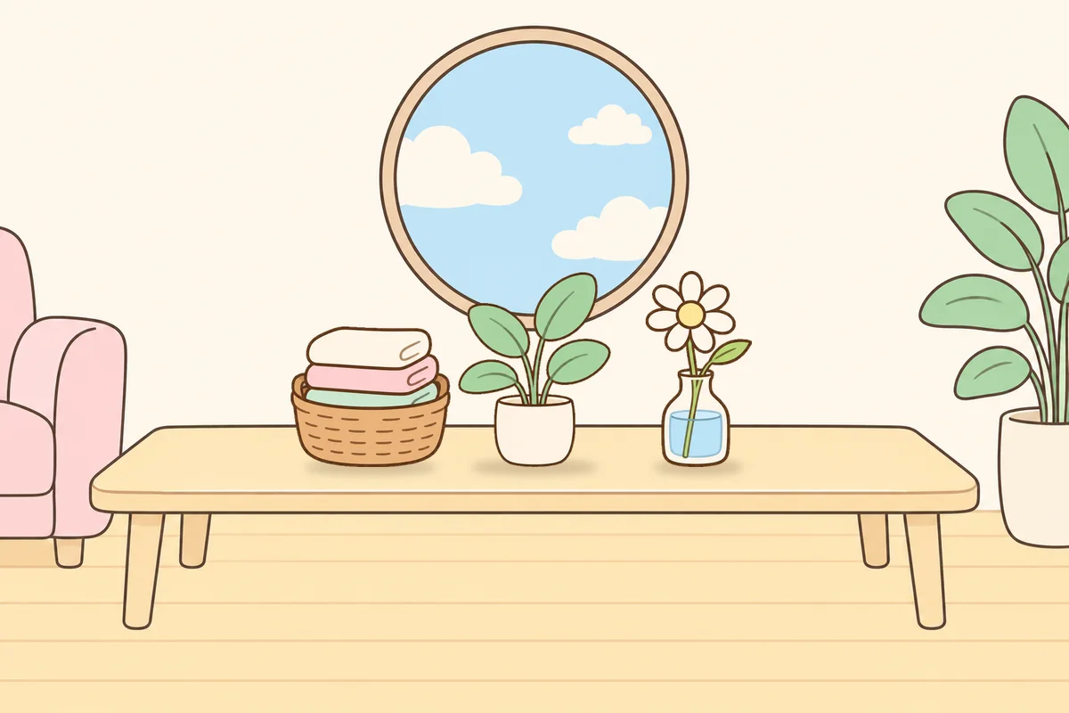 관악구 여성전용 복부 마사지 안내 그림, 거실 원목 테이블 위의 수건 바구니, 화분, 데이지 꽃병