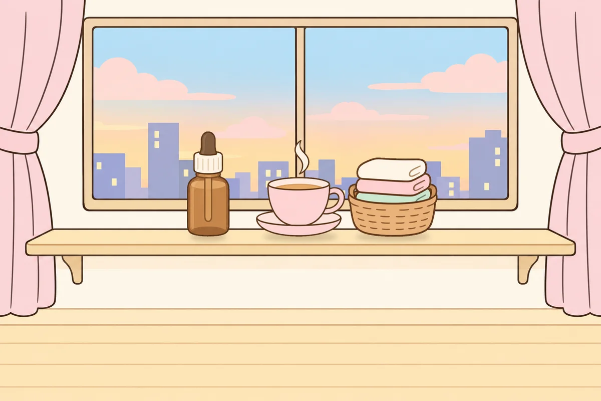 관악구 여성전용 등 마사지 안내 그림, 호텔 창가 선반 위의 오일병, 찻잔, 수건 바구니