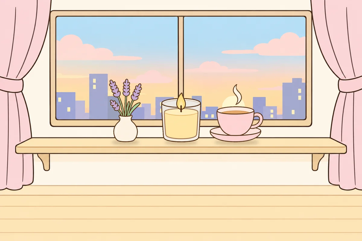 관악구 여성전용 목 어깨 케어 안내 그림, 호텔 창가 선반 위의 라벤더 꽃병, 향초, 찻잔