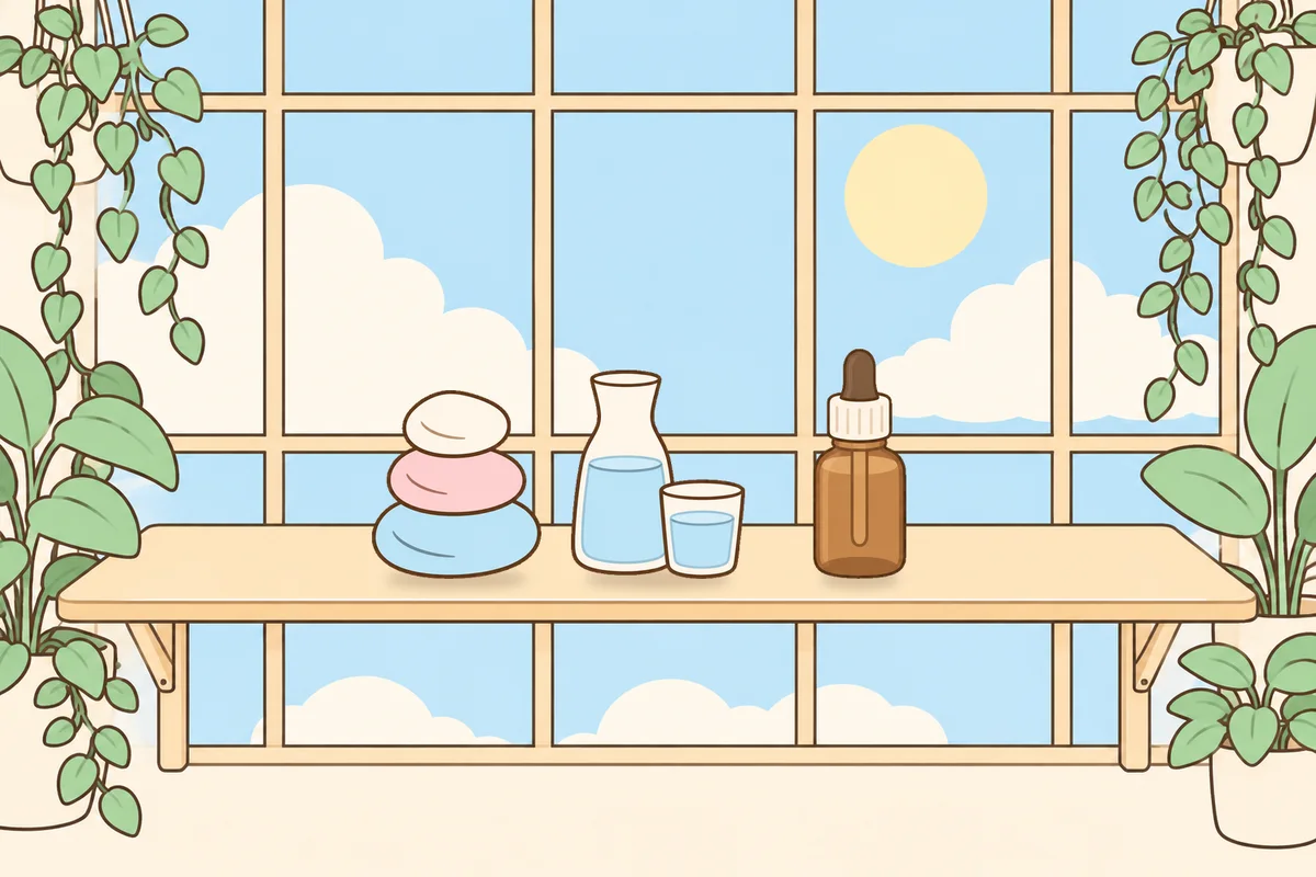 관악구 여성전용 피로 회복 마사지 안내 그림, 햇살 드는 창가 선반 위의 조약돌, 물병, 오일병
