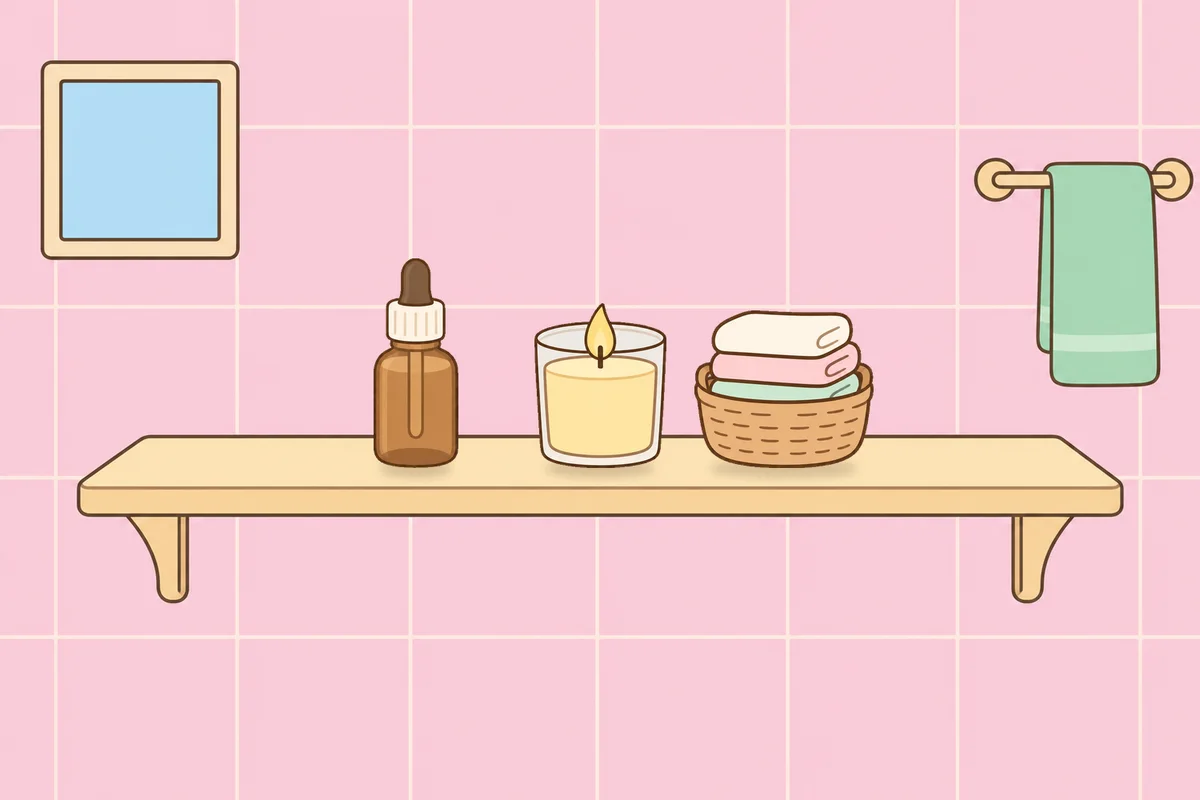 관악구 여성전용 얼굴 마사지 안내 그림, 파우더룸 선반 위의 오일병, 향초, 수건 바구니