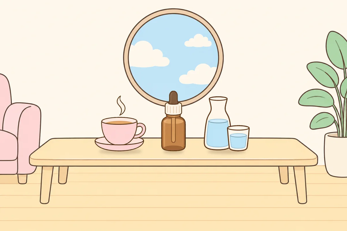 영등포 여성전용 아로마테라피 안내 그림, 거실 원목 테이블 위의 찻잔, 오일병, 물병