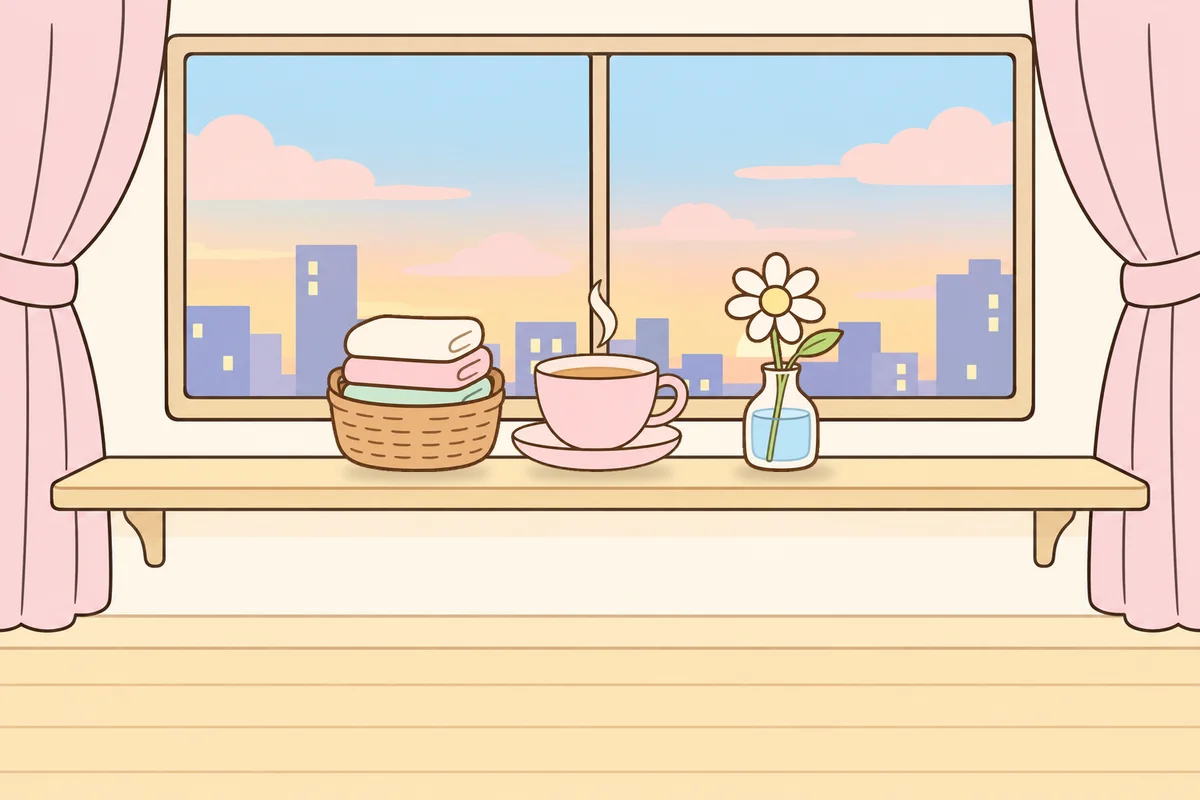 영등포 여성전용 아로마 추천 안내 그림, 호텔 창가 선반 위의 수건 바구니, 찻잔, 데이지 꽃병