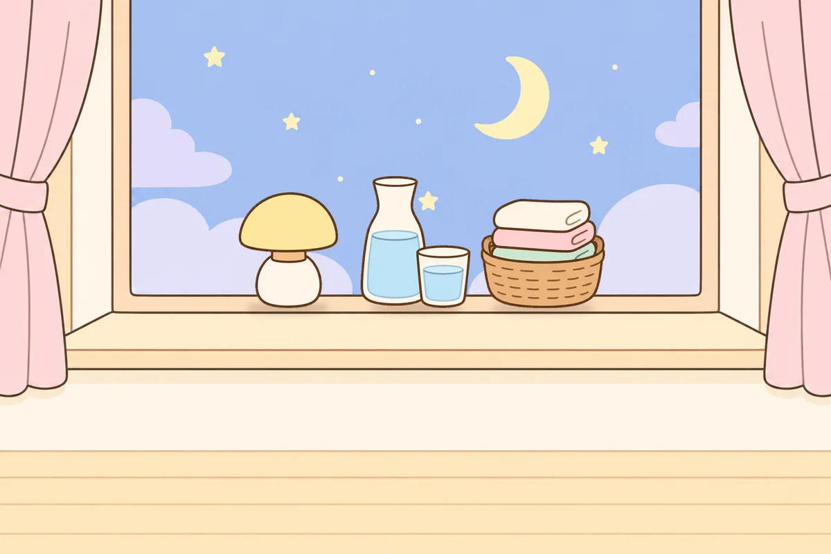 영등포 여성전용 경락 마사지 안내 그림, 밤 창가 창턱 위의 무드등, 물병, 수건 바구니