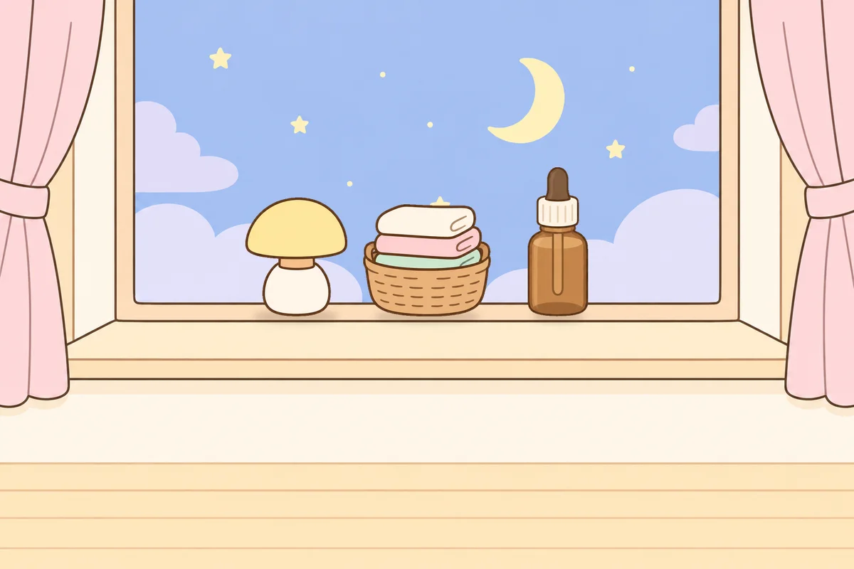 영등포 여성전용 바디 경락 안내 그림, 밤 창가 창턱 위의 무드등, 수건 바구니, 오일병