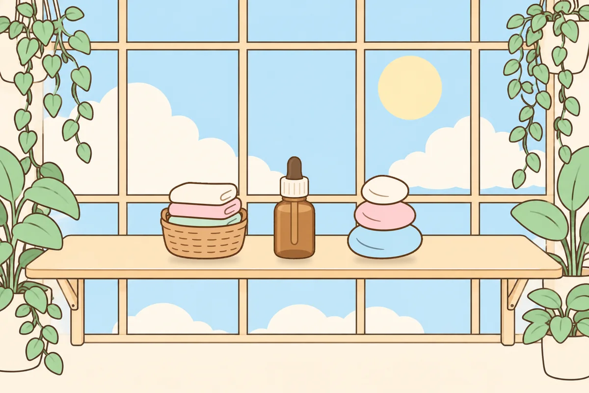 영등포 여성전용 홈케어 서비스 안내 그림, 햇살 드는 창가 선반 위의 수건 바구니, 오일병, 조약돌