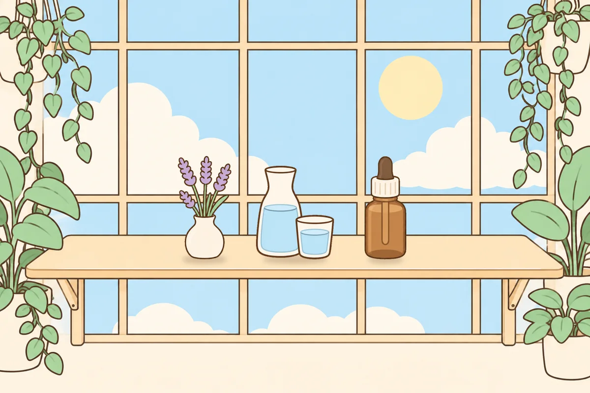영등포 여성전용 슬리밍 마사지 안내 그림, 햇살 드는 창가 선반 위의 라벤더 꽃병, 물병, 오일병