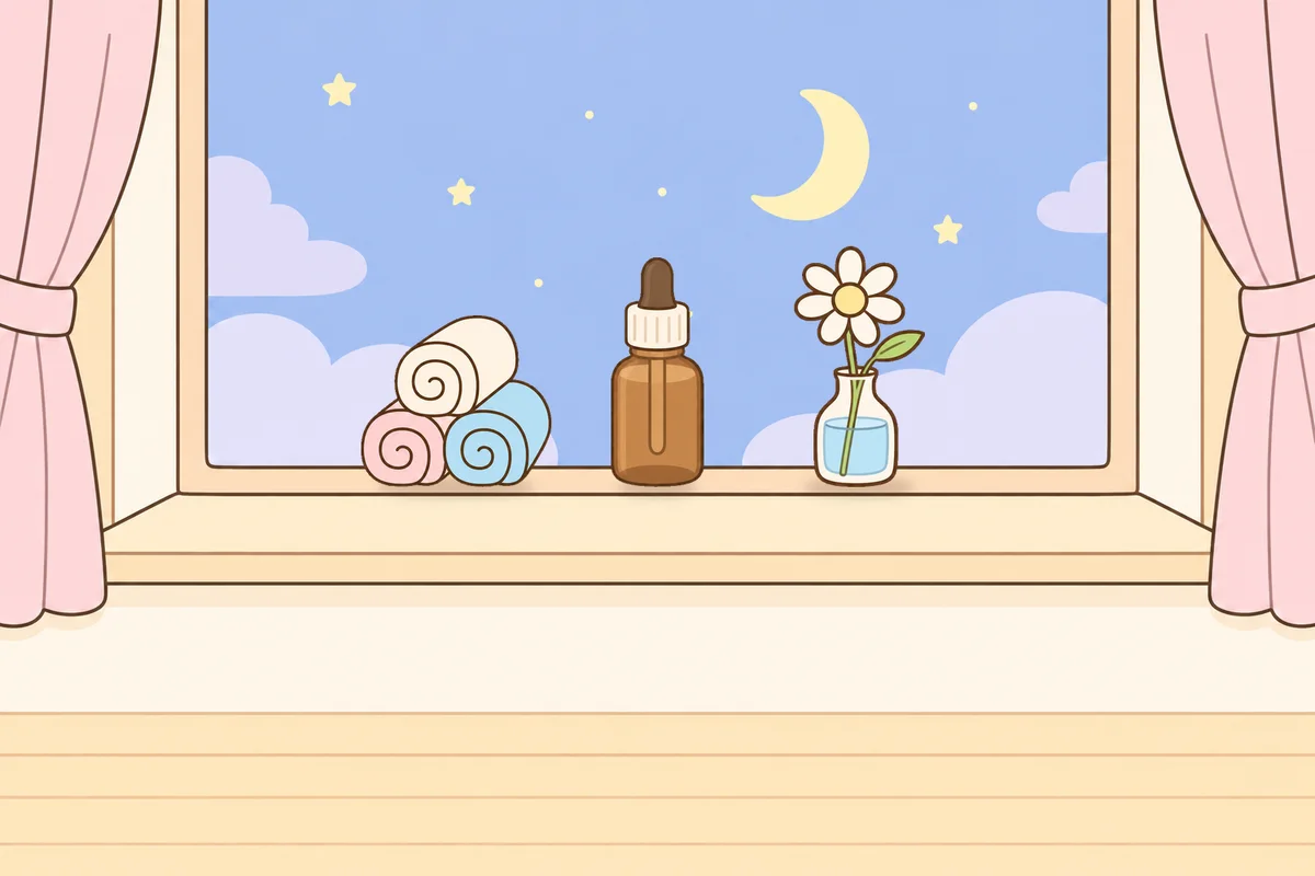 영등포 여성전용 디톡스 마사지 안내 그림, 밤 창가 창턱 위의 수건, 오일병, 데이지 꽃병