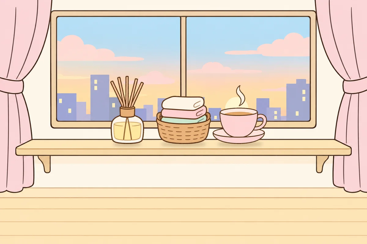 영등포 여성전용 수면 케어 안내 그림, 호텔 창가 선반 위의 디퓨저, 수건 바구니, 찻잔